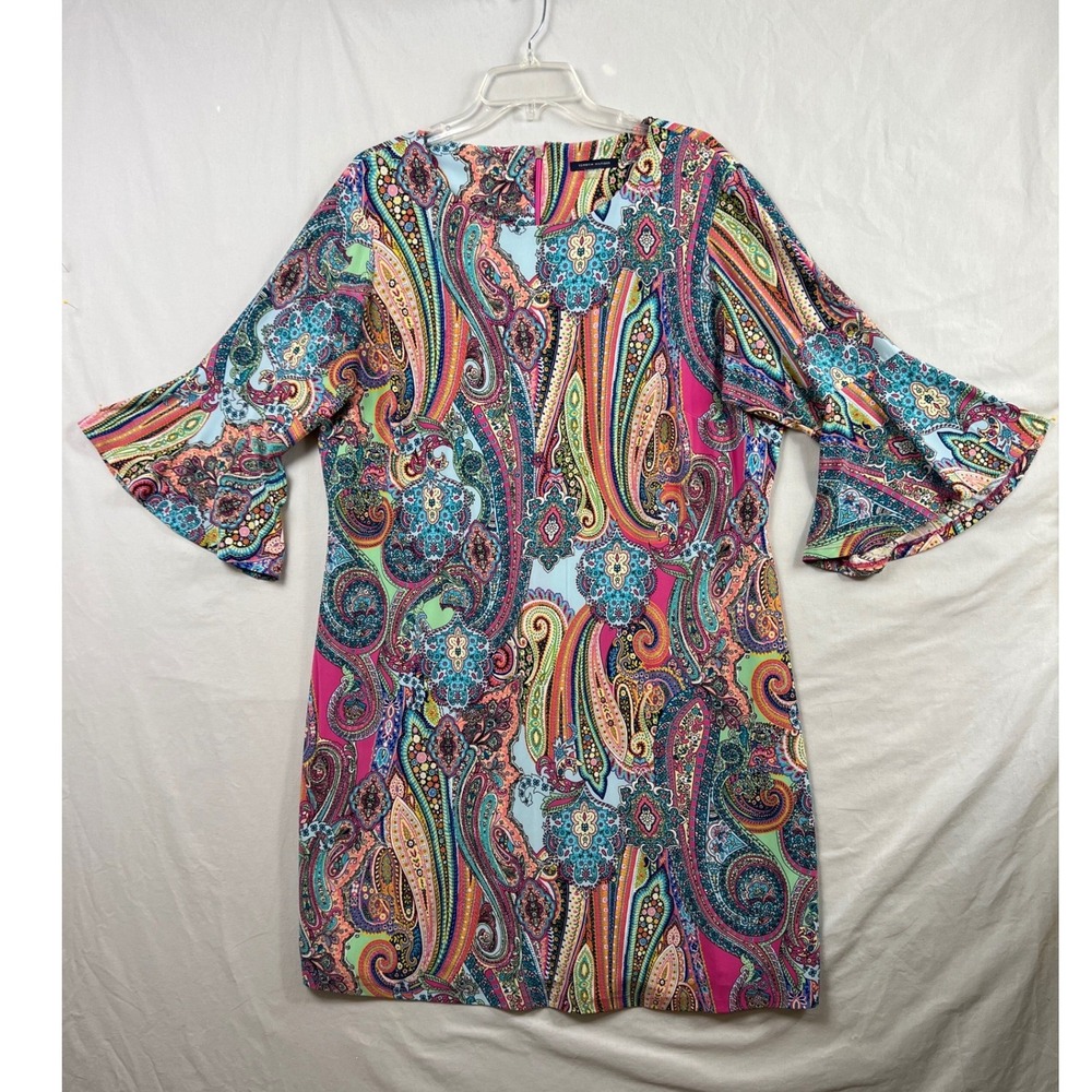 Tommy Hilfiger Paisley Shift Dress Womens 16W Multicolor Bell Sleeve Logo Zip